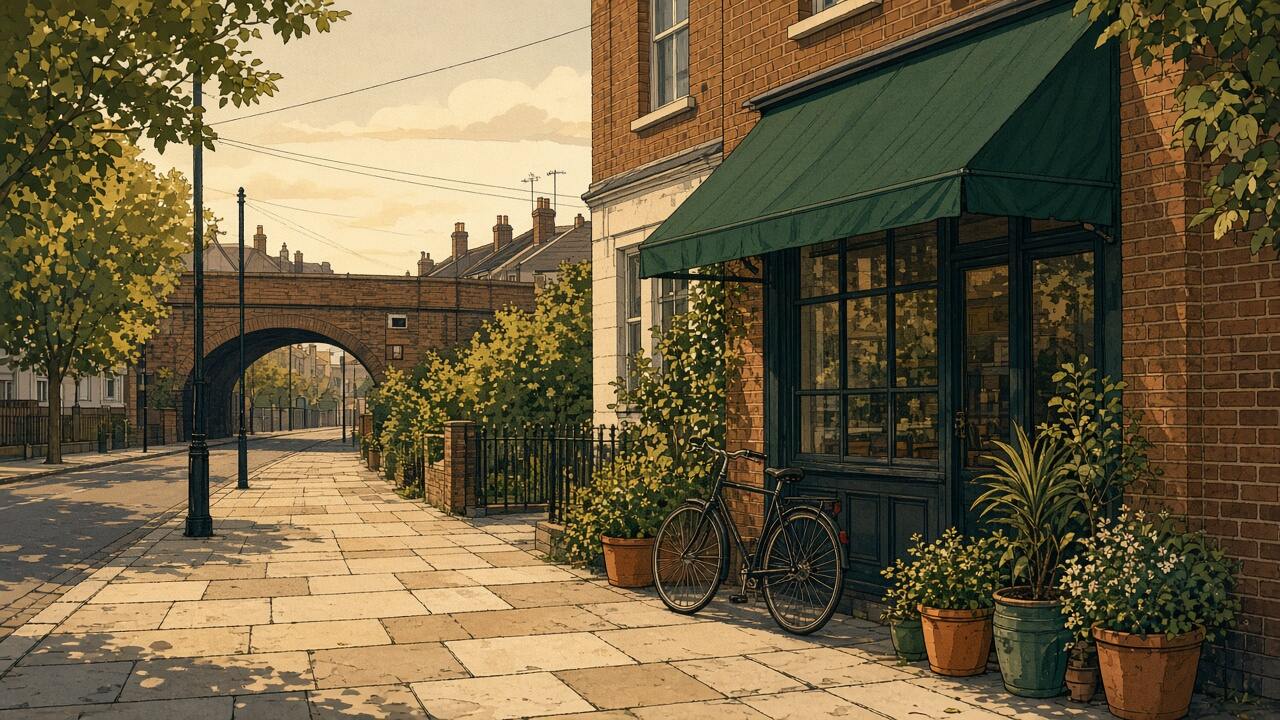 Example illustration of a suburban high street. It is not a photograph of a client website.