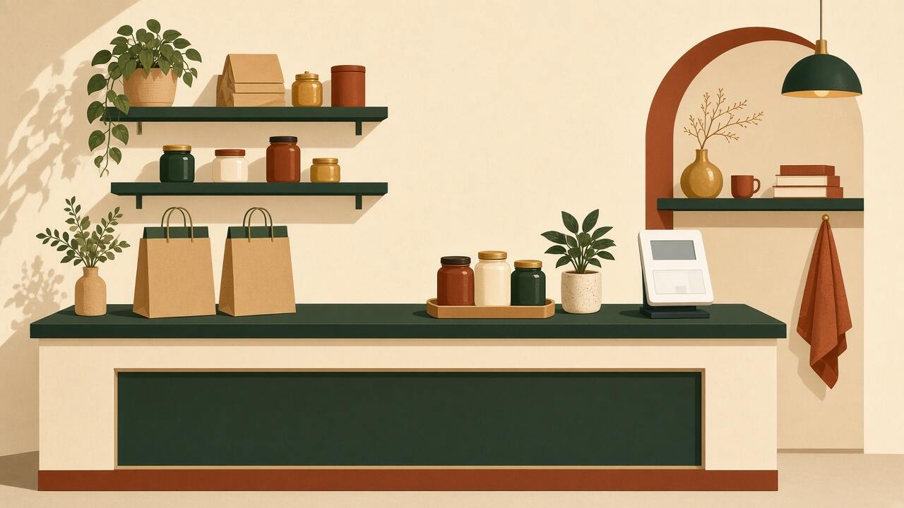 Example illustration of a shop counter. It is not a client's products.